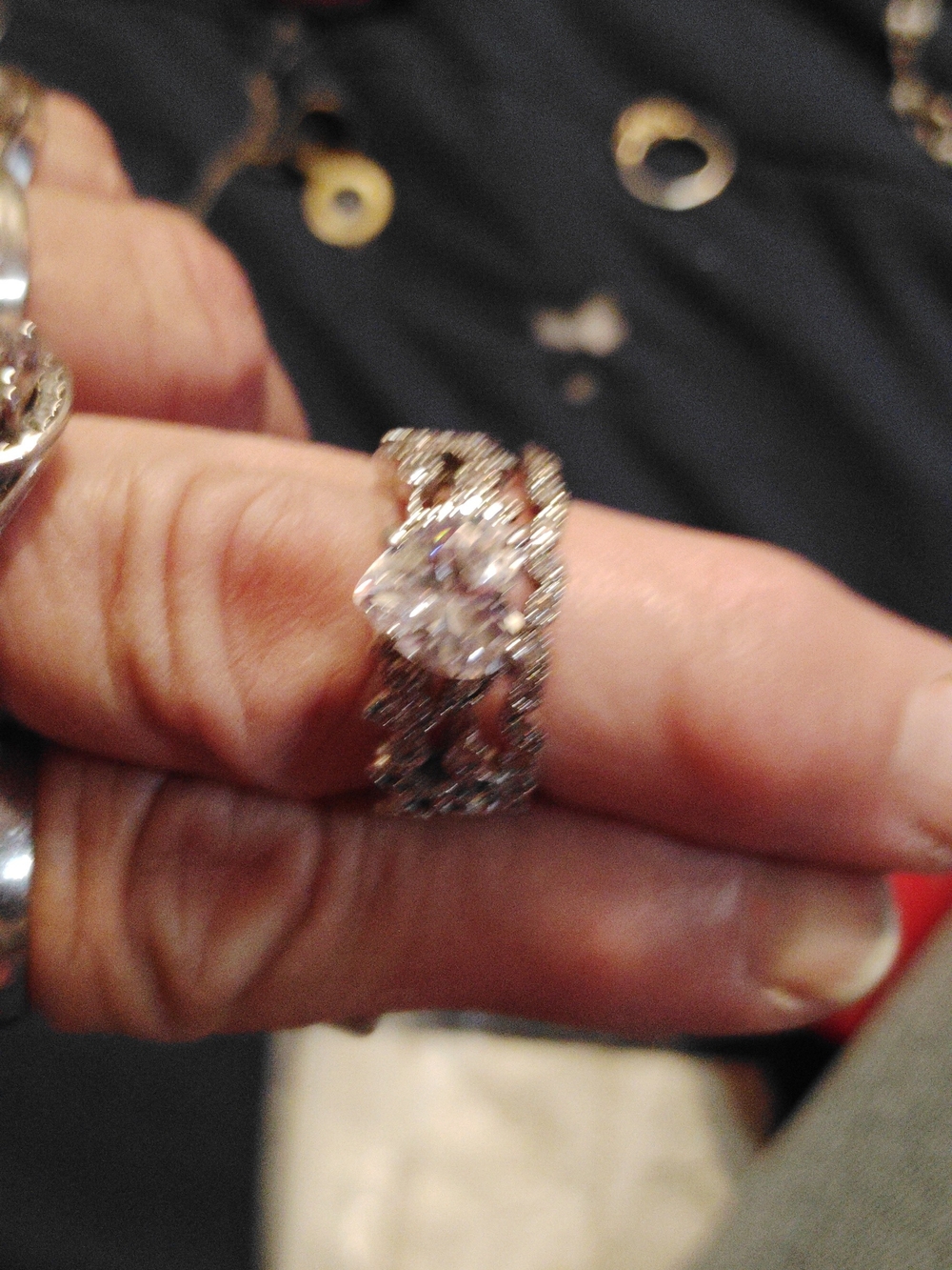 Silver-Tone Filigree Engagement Ring with Clear Center Stone
